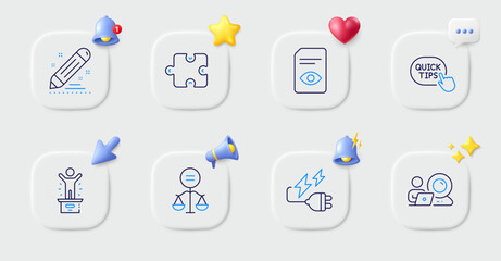 Quick tips, Video conference and View document line icons. Buttons with 3d bell, chat speech, cursor. Pack of Brand contract, Ethics, Winner podium icon. Electricity plug, Puzzle pictogram. Vector