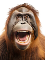 happy orang utan head portrait with open mouth on isolated background