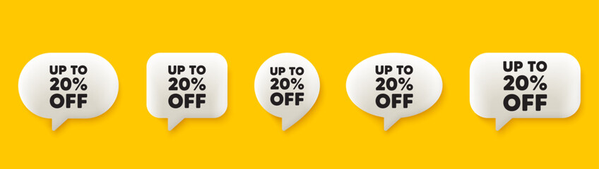 Up to 20 percent off sale. 3d chat speech bubbles set. Discount offer price sign. Special offer symbol. Save 20 percentages. Discount tag talk speech message. Talk box infographics. Vector