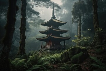 Fototapeta premium Mystical forest landscape with traditional japanese building, generative AI