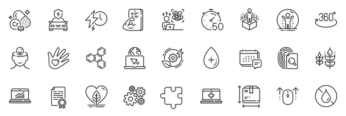 Icons pack as Chromium mineral, Recovered person and Cogwheel line icons for app include Chemical formula, Social responsibility, Swipe up outline thin icon web set. Puzzle, Oil serum. Vector