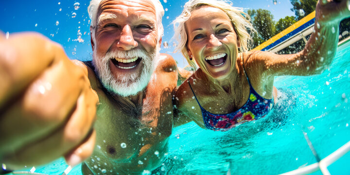 Vibrant water volleyball scene with joyous retired couple, clear focus on mid-air ball, against backlit turquoise pool and sunny day backdrop. Generative AI