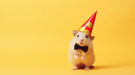 hamster isolated on yellow background, birthday party invite concept
