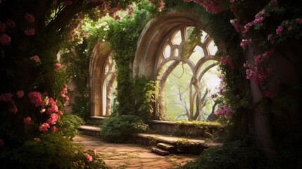 A garden of natural arches formed by flowering vines. - obrazy, fototapety, plakaty