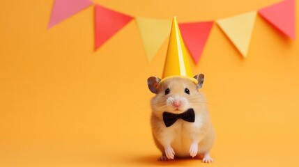 hamster isolated on yellow background, birthday party invite concept