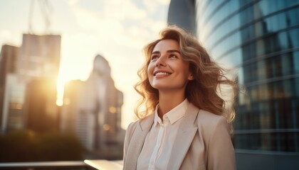 successful business woman standing in big city on blurry background, success, investment, opportunities concept