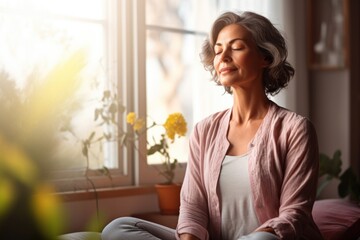 middle-aged woman meditating - Powered by Adobe