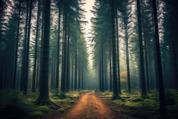 Keuken foto achterwand Bosweg pine trees in a mystic foggy forest