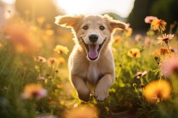 happy dog puppy running near summer flowers - obrazy, fototapety, plakaty