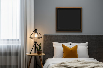 blank white photo frame or canvas for mockup on the bedroom
