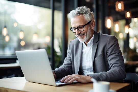happy mature business man looking at laptop computer