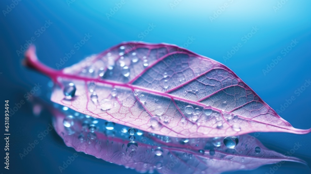 Poster the close-up of transparent skeleton leaf with water drops on beautiful texture in a blue and pink b