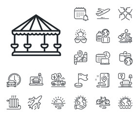Amusement park sign. Plane jet, travel map and baggage claim outline icons. Carousels line icon. Carousels line sign. Car rental, taxi transport icon. Place location. Airport lounge. Vector