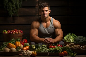 Fit Man Surrounded by Fruits and Vegetables in a Healthy Food Environment.