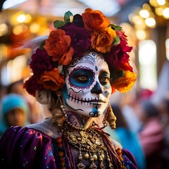 Mexican holiday of the dead and halloween. Woman with skull make up and flowers.