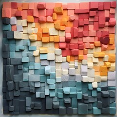 An abstract composition using scagliola bricks of varying sizes and opacities with vibrant hues