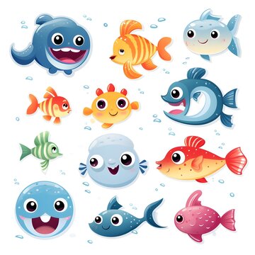 set of funny fish with white background