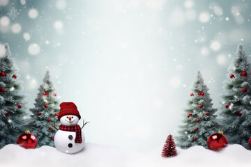 Christmas card design with snowman and fir tree with red Christmas balls