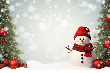 Christmas card design with snowman and fir tree with red Christmas balls