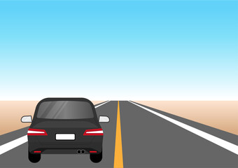 Car Driving along Highway or Asphalt Road. Vector Illustration. 