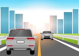 Car Driving along Highway or Asphalt Road to the City. Vector Illustration. 