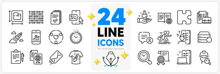 Icons set of Binary code, Vacancy and Certificate line icons pack for app with Puzzle, Device, Chat bubble thin outline icon. T-shirt design, Time management, Chemistry lab pictogram. Vector