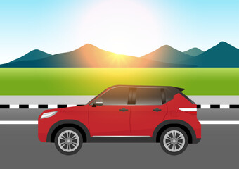 Fototapeta na wymiar Car Driving along Highway or Asphalt Road. Vector Illustration. 