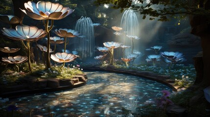 A garden of enchanted fountains with water that flows like petals.