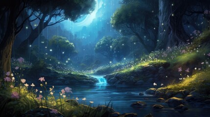 A moonlit night illuminated by glowing moonflowers and fireflies.