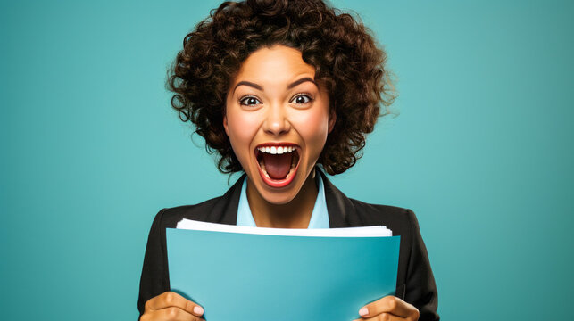 Triumphant businesswoman, teary-eyed with joy and relief, shows Promotion sign, marking career milestone against corporate blue-gradient backdrop. Generative AI