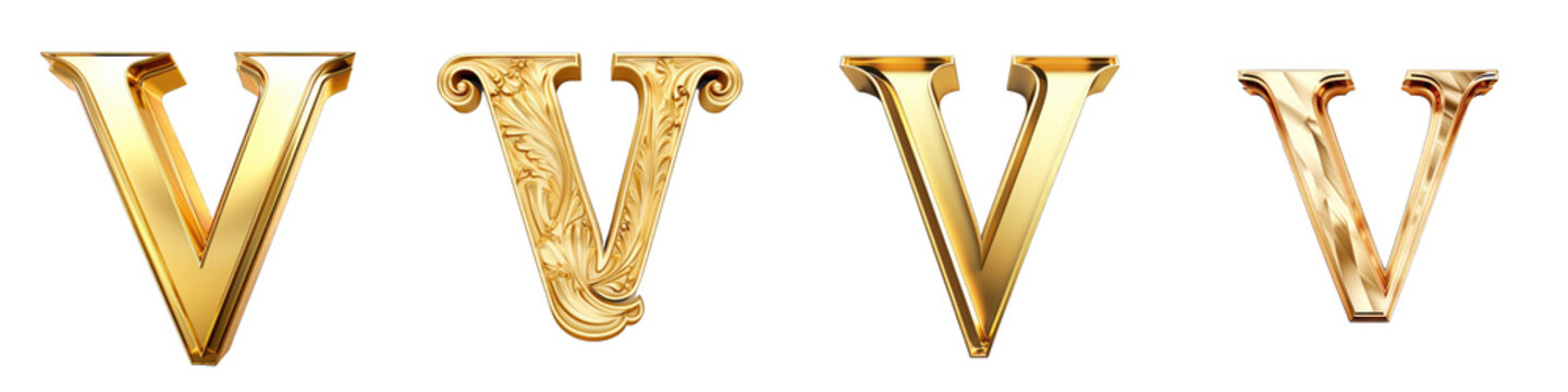 Golden alphabet, logotype, letter V isolated on a transparent background