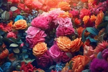 Fototapeta premium Colorful artificial flowers background. Colorful artificial flowers in the garden. Generative AI.