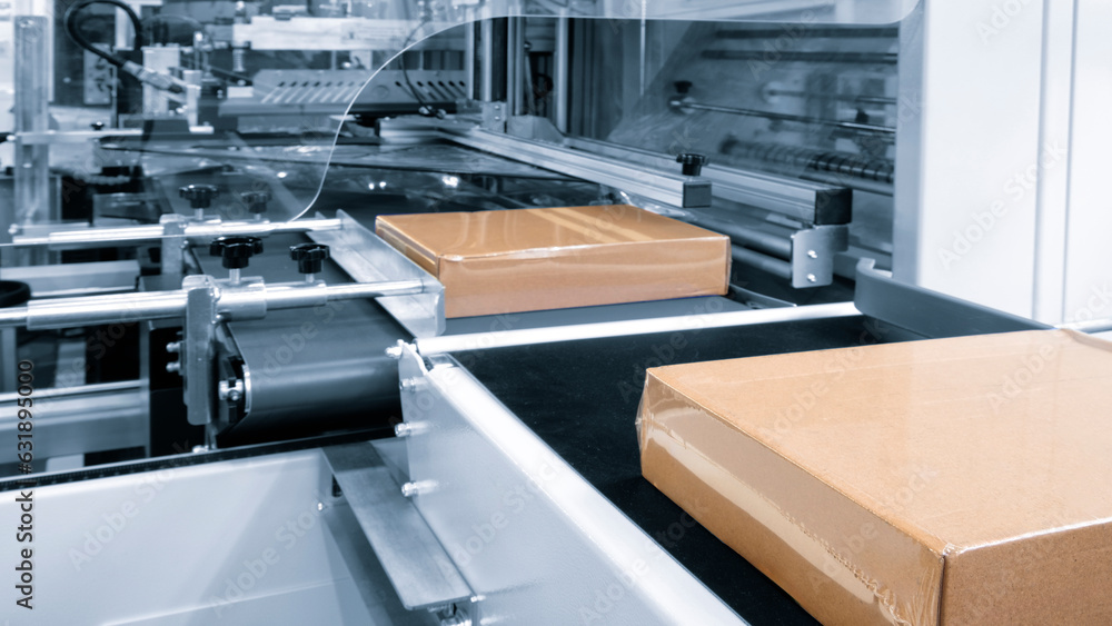 Poster automatic industrial machine for plastic packaging with light effect of products and food. automated