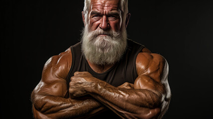 Inspirational senior bodybuilder showcasing timeless strength, flexing muscular physique against a stark stone grey backdrop. An image of aging fearlessly. Generative AI