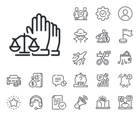Justice scales sign. Salaryman, gender equality and alert bell outline icons. Court jury voting line icon. Judgement law symbol. Court jury line sign. Spy or profile placeholder icon. Vector