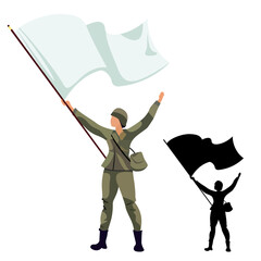 soldier waving a white flag portraying surrender vector illustration, army man waving a white flag and gesturing during war vector image