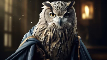 Deurstickers A wise owl in a wizard's robe. © Galib