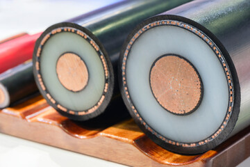 Close-up of high voltage copper cable cross-section, Industrial concept