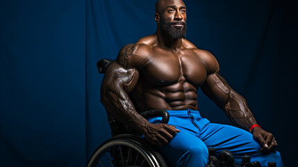 Fototapeta na wymiar Inspirational bodybuilder in wheelchair demonstrating powerful upper body against vibrant cobalt blue background. Generative AI