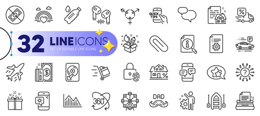 Outline set of Education, Technical documentation and Phone messages line icons for web with Question mark, Push cart, Star thin icon. Water bottle, Headphone, Lgbt pictogram icon. Boat. Vector