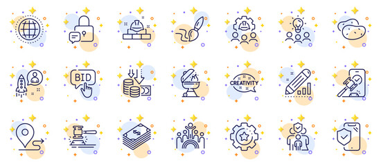 Outline set of Settings gear, Globe and Phone insurance line icons for web app. Include Brush, Inclusion, Engineering team pictogram icons. Dollar, Creativity, Grill signs. Lock. Vector