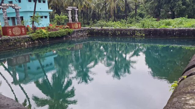 A historical water tank, pushkarini, or reservoir pool at an ancient temple