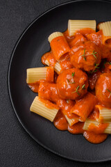 Delicious fresh meatballs and pasta in tomato sauce with salt, spices and herbs