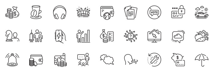 Icons pack as Bell alert, Lock and Piggy bank line icons for app include Graph chart, People chatting, Stop voting outline thin icon web set. Work home, Payment method, Recovery tool pictogram. Vector