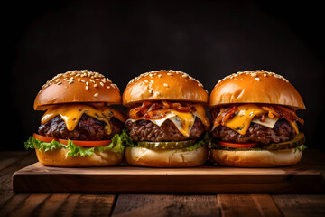 three mini burgers with beef on a wooden board on bokeh background. fast food. menu - obrazy, fototapety, plakaty