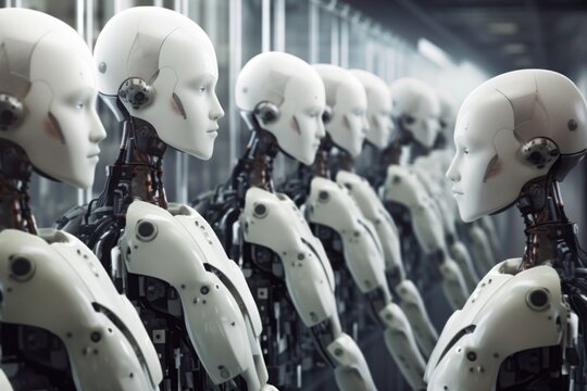 white robots stand in a row at the production of robots. concept of robotic process automatic.future and technology. artificial intelligence