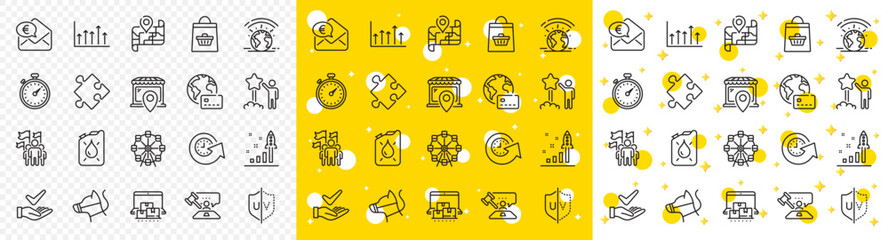 Outline Judge hammer, Star and Internet pay line icons pack for web with Update time, Online buying, Market location line icon. Online storage, Strategy, Development plan pictogram icon. Vector