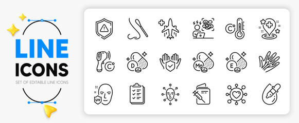 Face biometrics, Vitamin d and Dating line icons set for app include Celsius thermometer, Uv protection, Medical flight outline thin icon. Checklist, Shield, Difficult stress pictogram icon. Vector