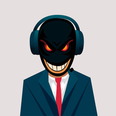 Call center scammer with an evil smile vector illustration, phone call operator scammer cartoon mascot character vector image