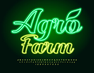 Vector glowing banner Agro Farm. Bright Neon Font. Illuminated Alphabet Letters, Numbers and Symbols set